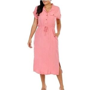 Lucky Brand Pink Utility Button Front Drawstring‎ Waist Midi Shirt Dress Size L